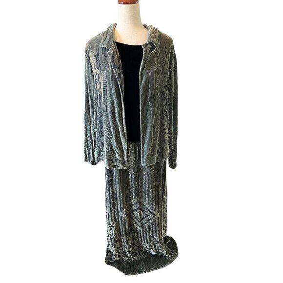 Citron Santa Monica Green Burnout Velvet Dress Topper Jacket Set Geometric Silk - Picture 1 of 16
